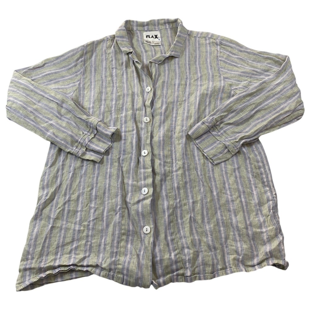 Flax Womens Small 100% Linen Striped Button Down Shirt Long Sleeve Green Blue